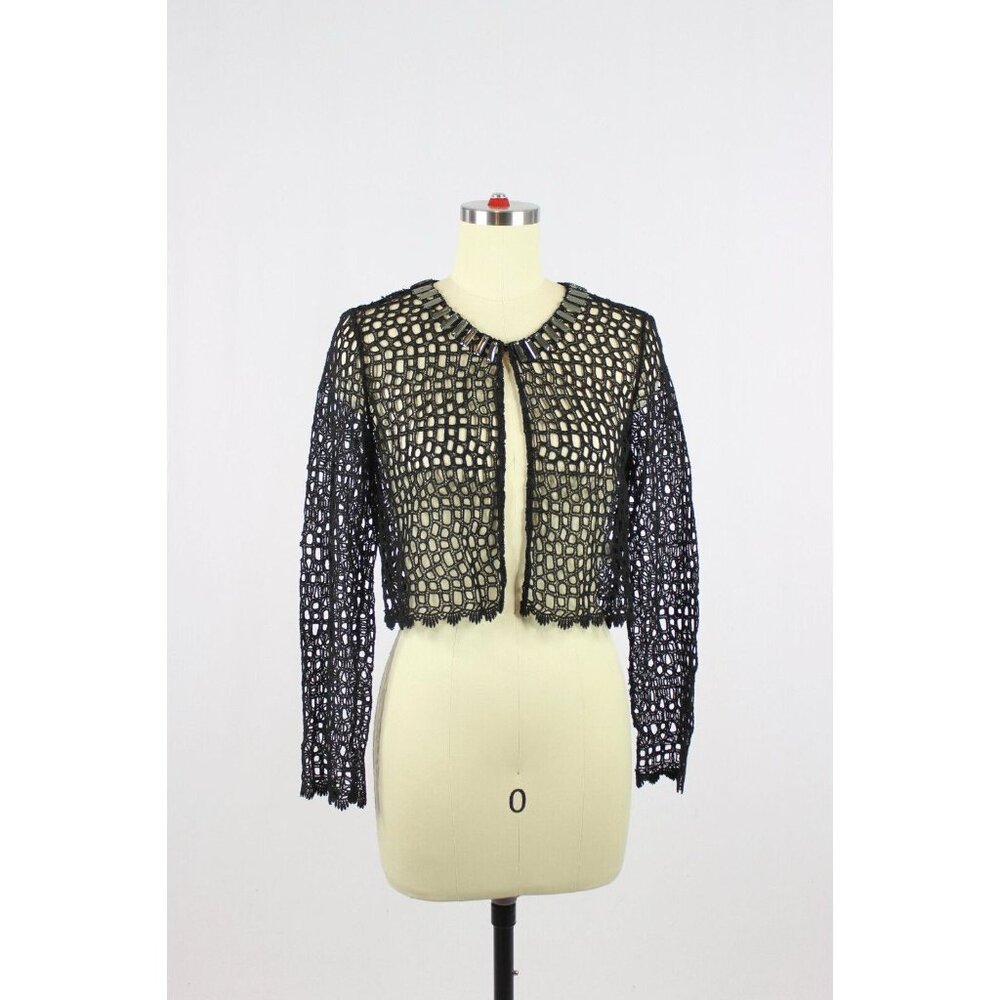 ELIE TAHARI Black Cotton Broderie Anglaise Beaded Lace Cardigan Sweater, Size 2 - Picture 2 of 15